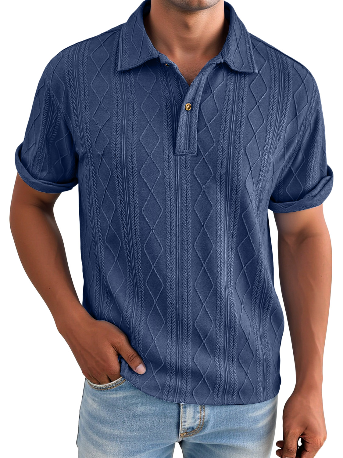 Men's Daily Jacquard Texture Casual Lapel Solid Color Short-sleeved Polo Shirt