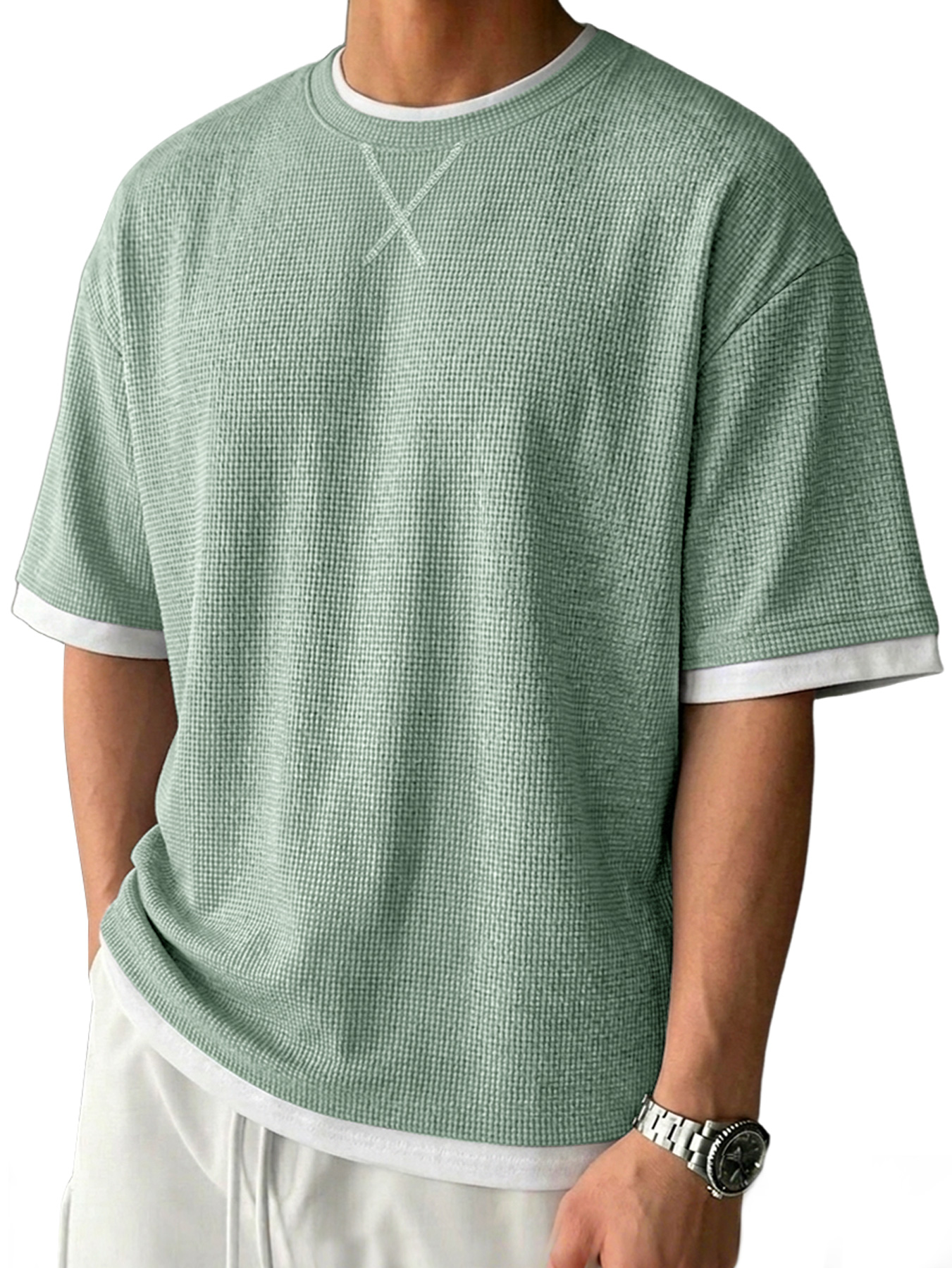 Men's Casual Crew-Neck Solid-Color Textured Short-Sleeve T-Shirt