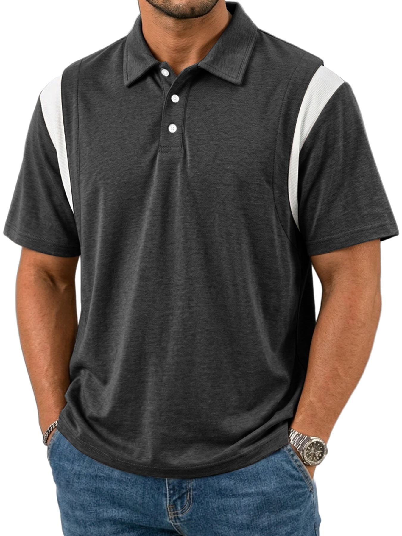 Men's Patchwork Design Collared Button Casual Short-sleeved Polo Shirt