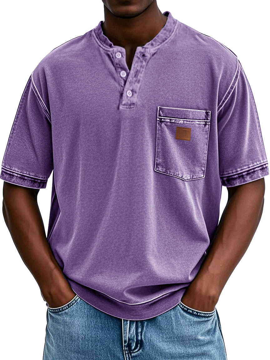 Men's Retro Distressed Embroidered Pocket Short-sleeved Henley Shirt