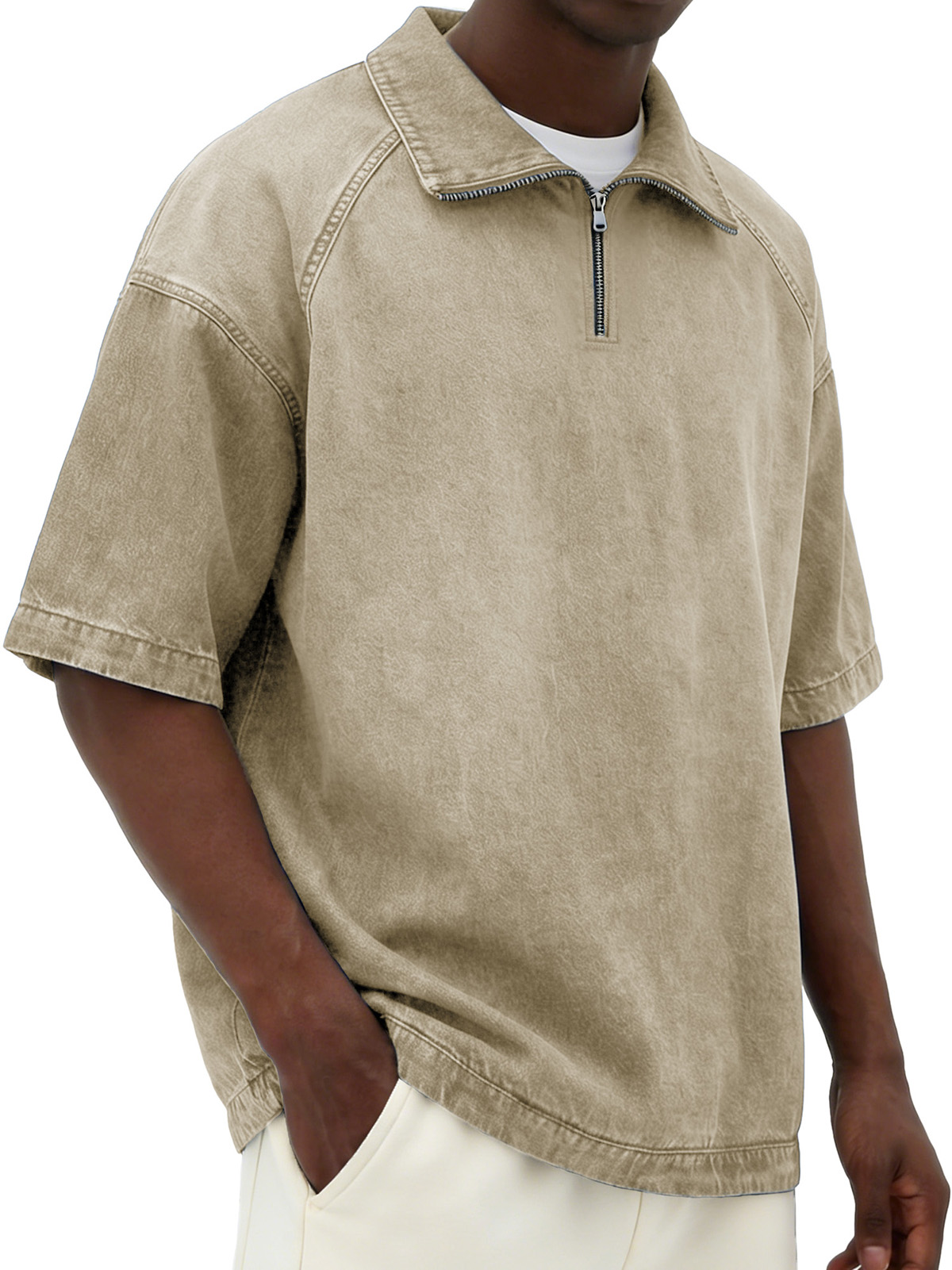 Men's Retro Distressed Zipper Raglan Collar Loose-Fit Short-Sleeve Polo Shirt