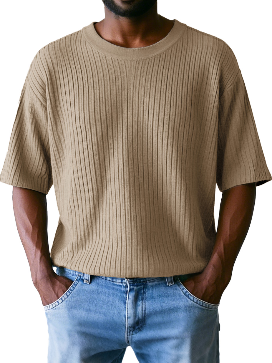 Men's Fashion Casual Ribbed Fabric Short-sleeved Round Neck T-shirt