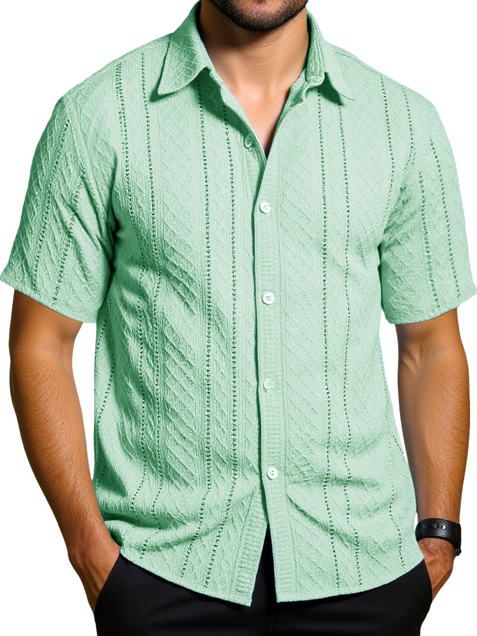 Men's Fashion Daily Casual Jacquard Fabric Short-sleeved Lapel Shirt