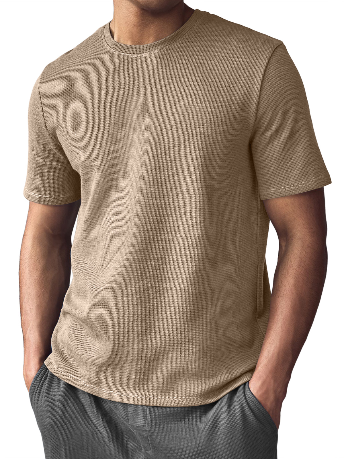 Men's Waffle Crew Neck Casual Comfortable Short Sleeve T-Shirt