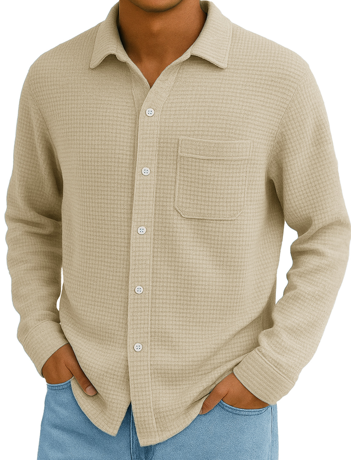 Men's Stylish Everyday Casual Waffle Fabric Pocket Lapel Long-sleeved Shirt