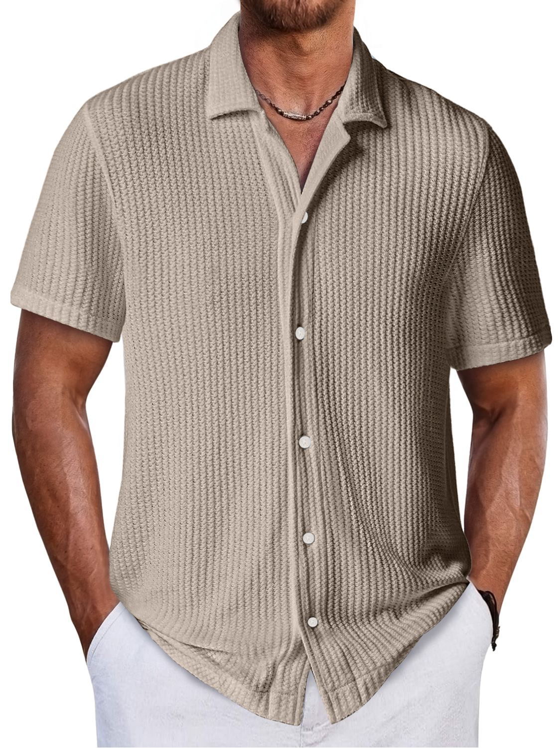 Men's Daily Waffle Texture Casual And Comfortable Short-sleeved Shirt