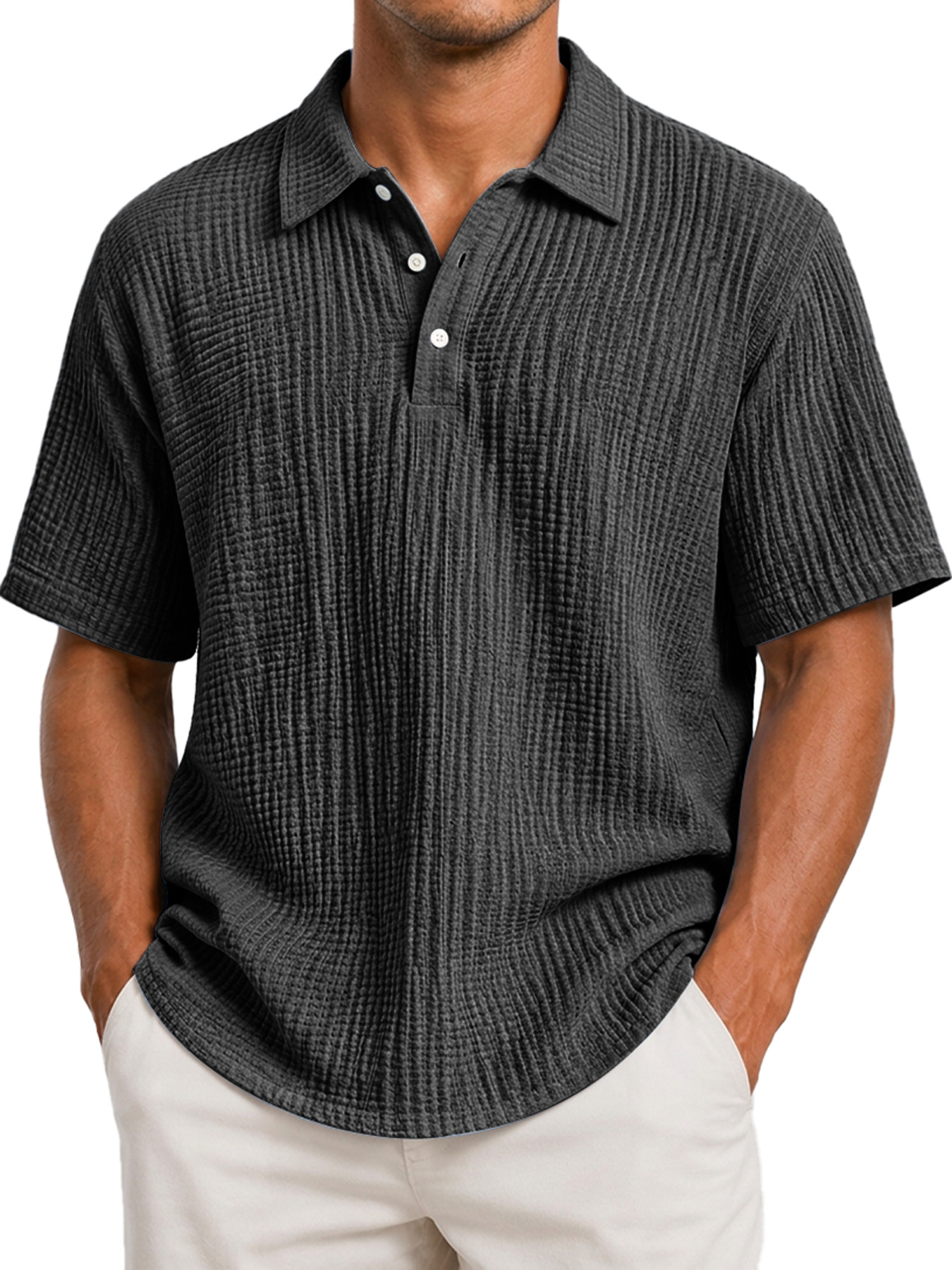 Men's Casual Short-Sleeve Polo Shirt with Pleated Collar and Button Placket