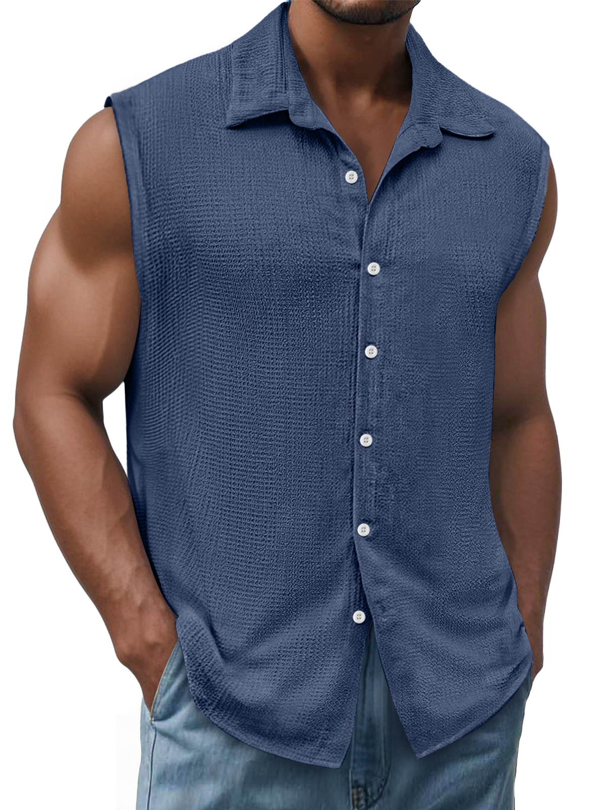 Men's Daily Texture Casual Lapel Solid Color Sleeveless Shirt