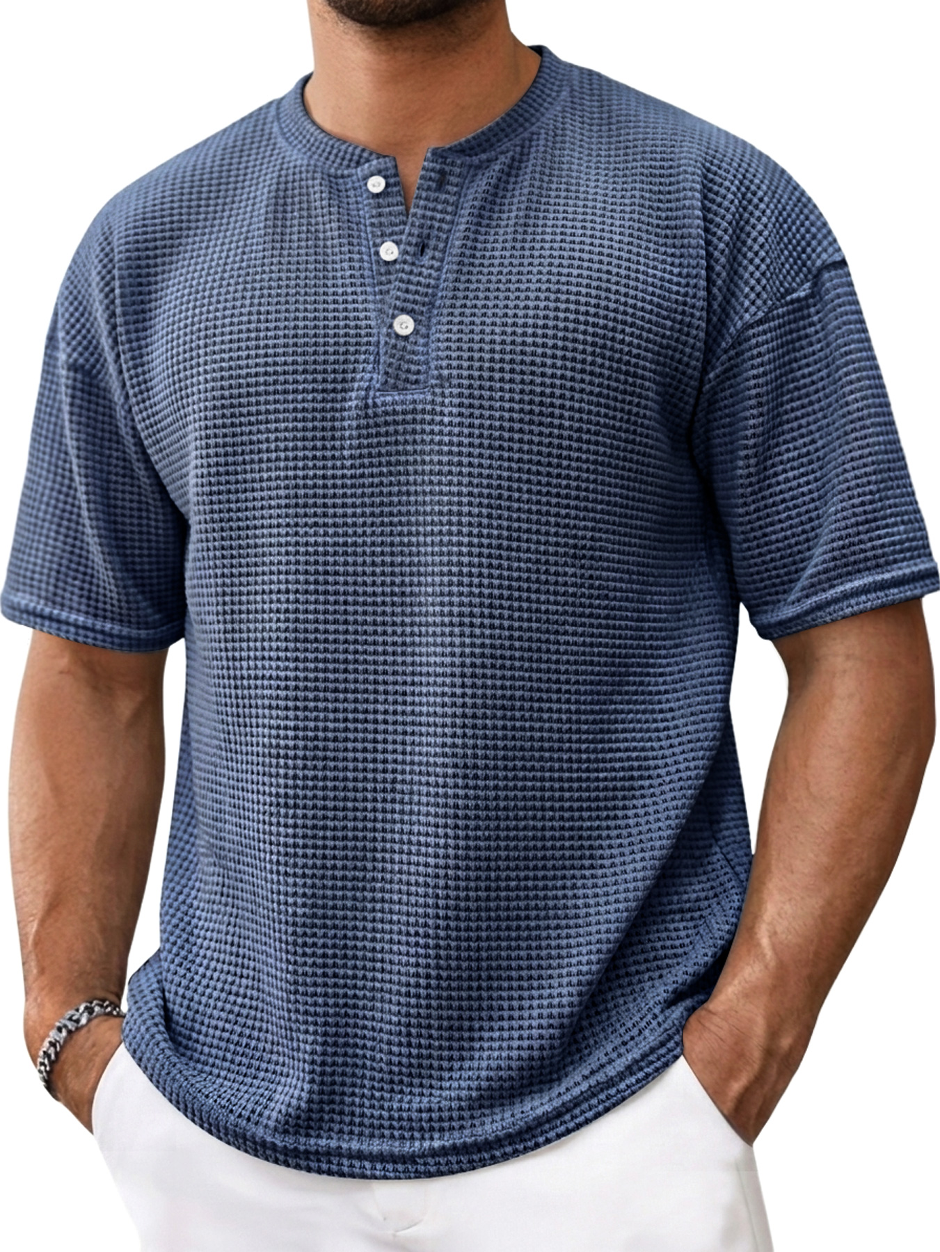 Men's Casual Textured Solid Color Short-Sleeve Henley Shirt