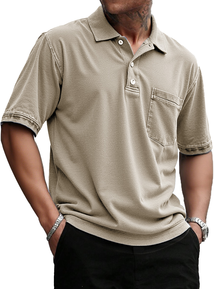 Men's Stylish Retro Pure Cotton Distressed Fabric Pocket Lapel Polo Shirt