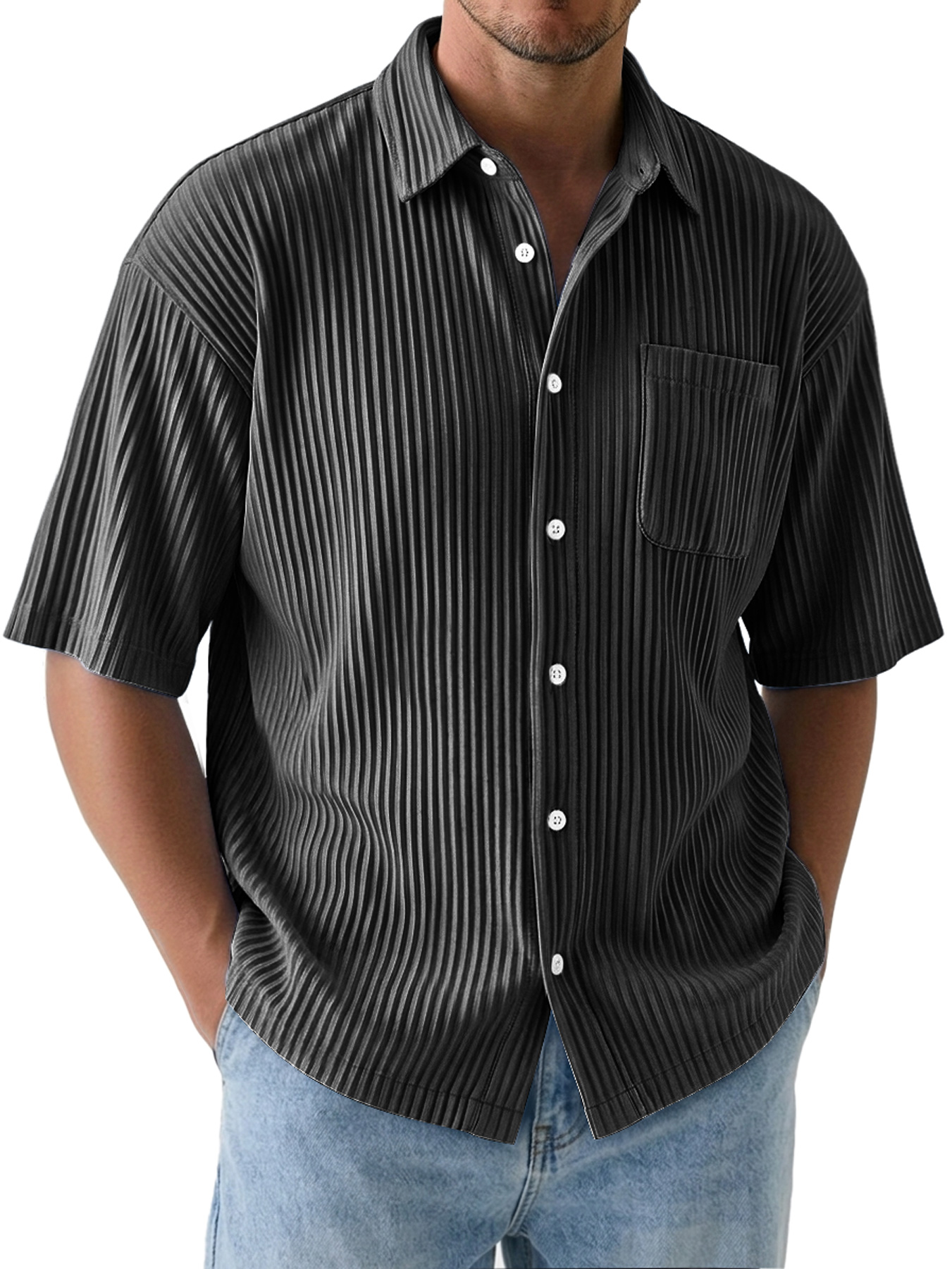 Men's Comfortable Textured Solid-Color Short-Sleeve Casual Shirt
