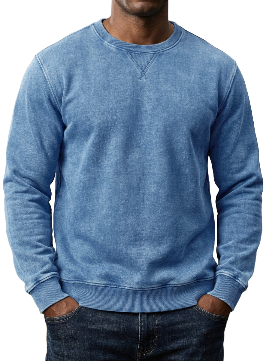 Men's Washed and Distressed Cotton Retro Crew Neck Long-Sleeve Sweatshirt