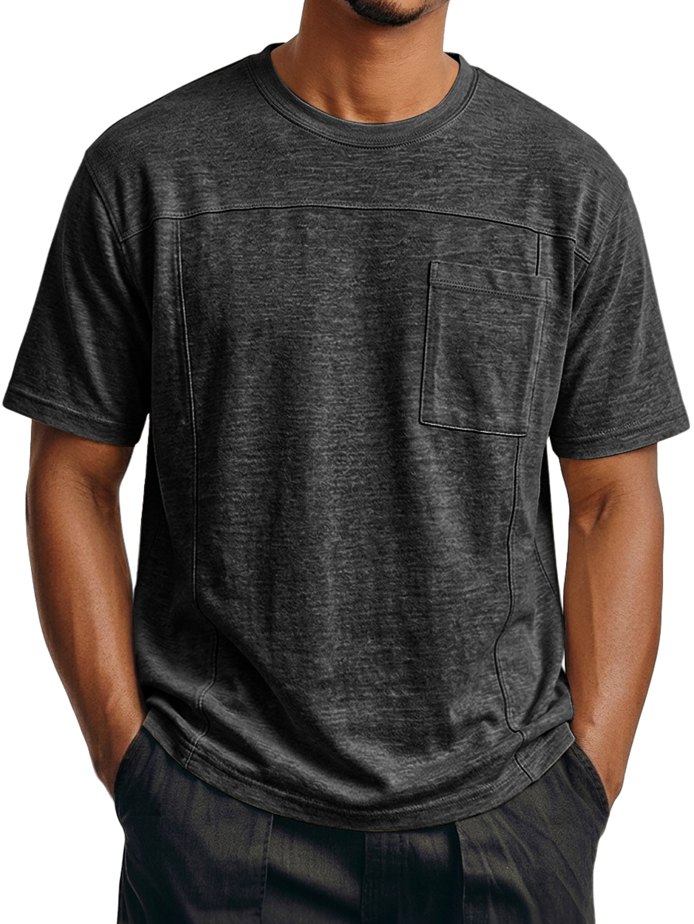 Men's Crew Neck Short-Sleeve T-Shirt with Deconstructed Design and Pocket