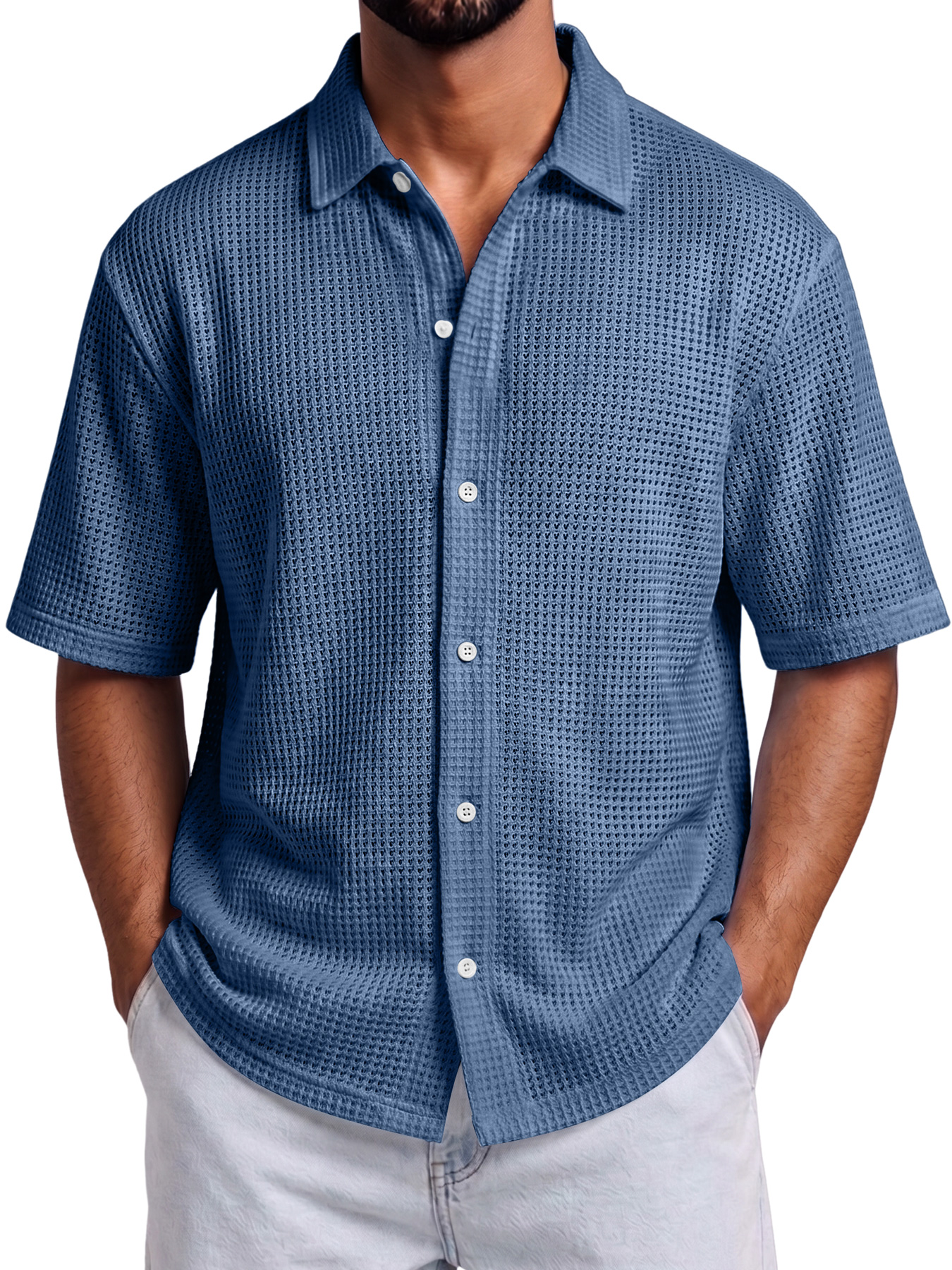 Men's Solid-Color Waffle-Knit Casual Short-Sleeve Shirt