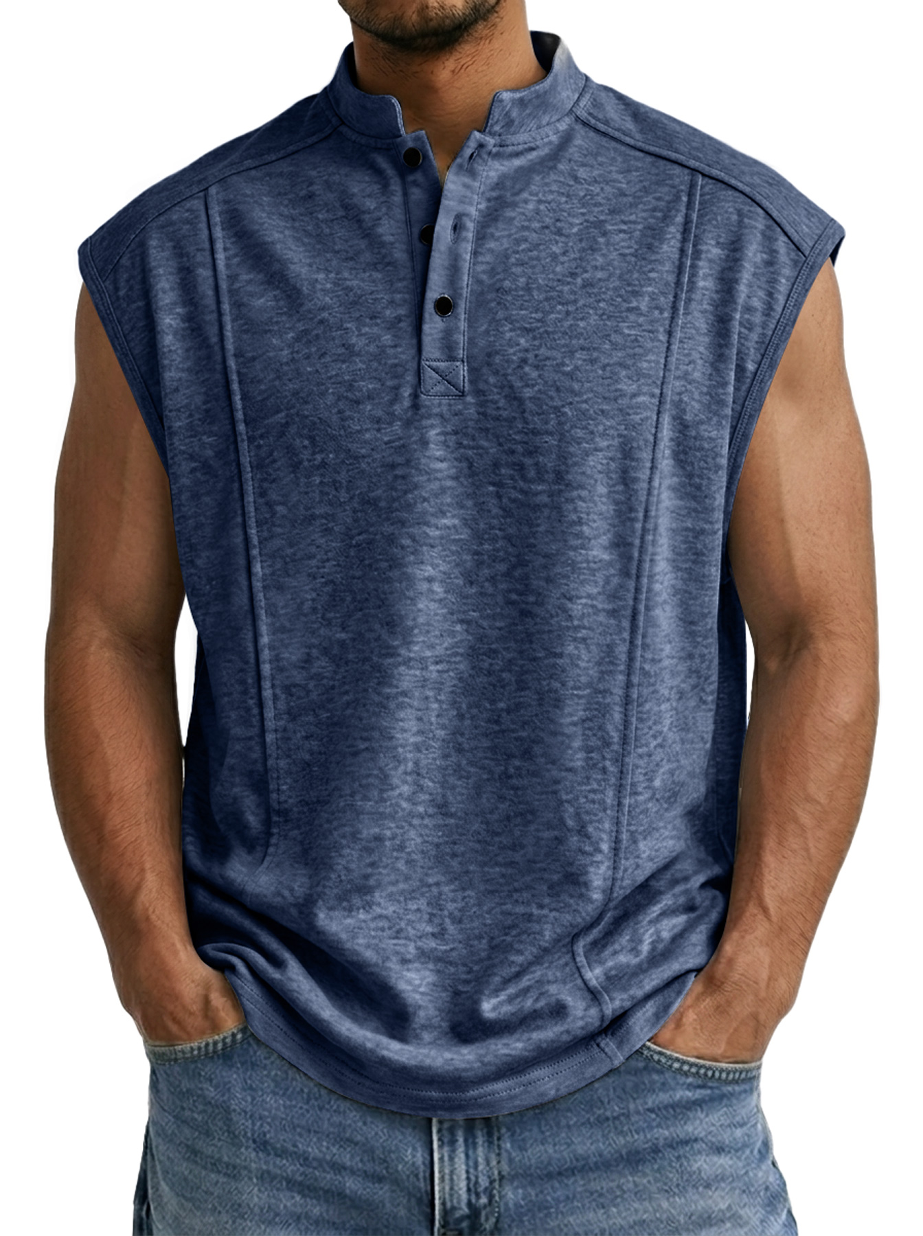 Men's Casual Stand Collar Button Deconstructed Design Solid Color Sleeveless Vest