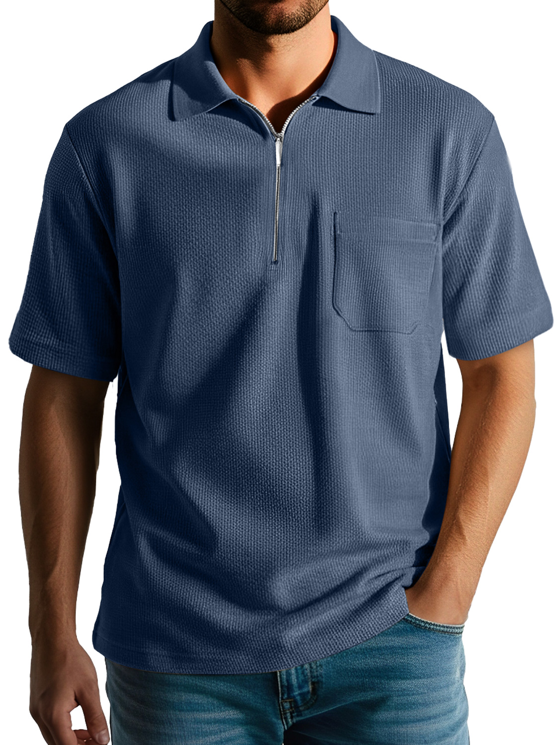 Men's Daily Casual Texture Lapel Zipper Comfortable Short-sleeved Polo Shirt