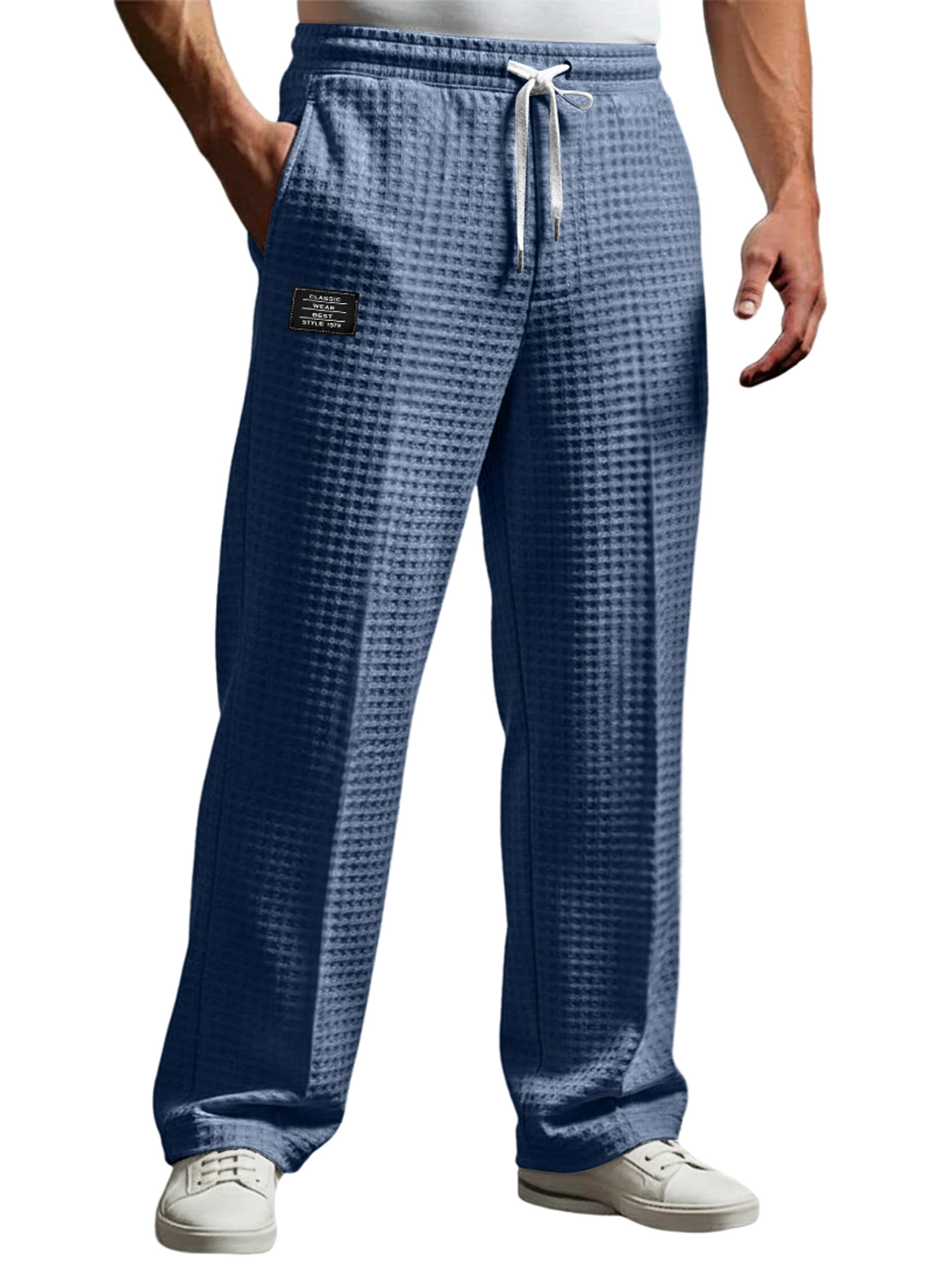 Men's Waffle Embroidered Logo Casual Loose Trousers
