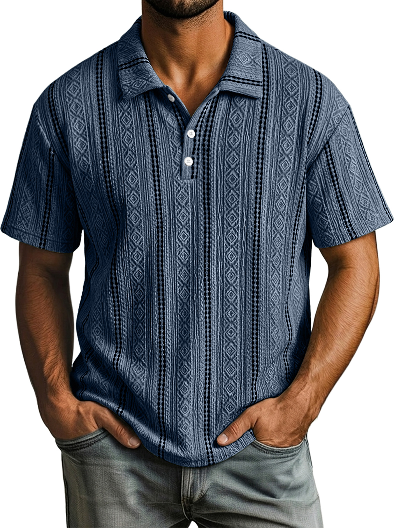 Men's Casual Color-Blocked Textured Collar Button-Up Comfortable Short-Sleeve Polo Shirt