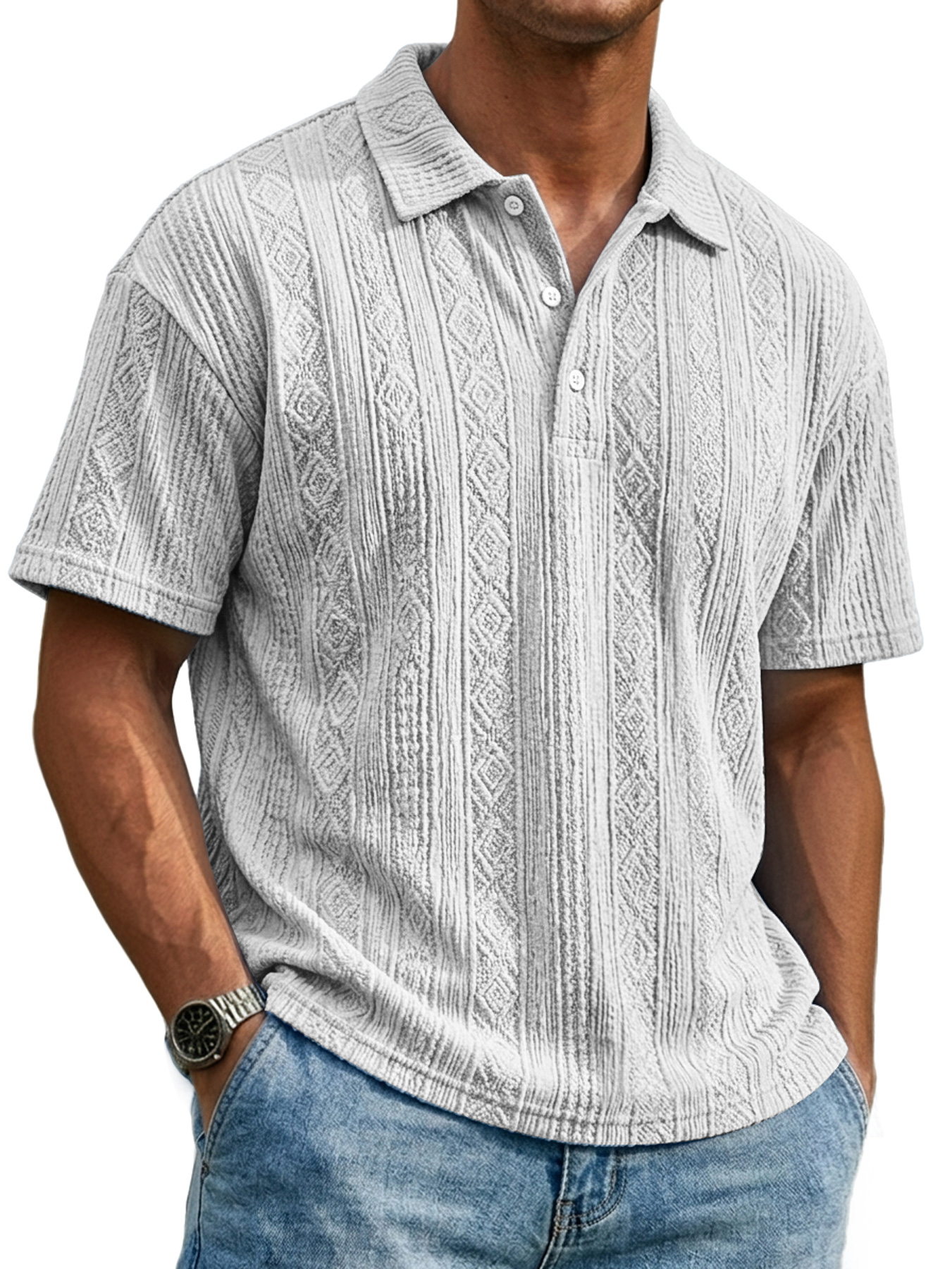 Men's Everyday Textured Collar Button-down Casual Short-sleeved Polo Shirt