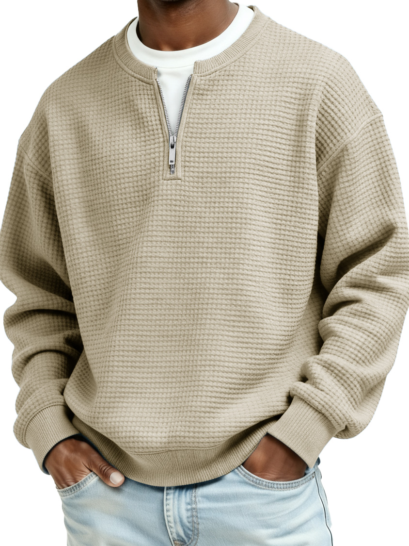 Men's Casual Faux Two-Piece Waffle Fabric Zipper Long-Sleeve Top