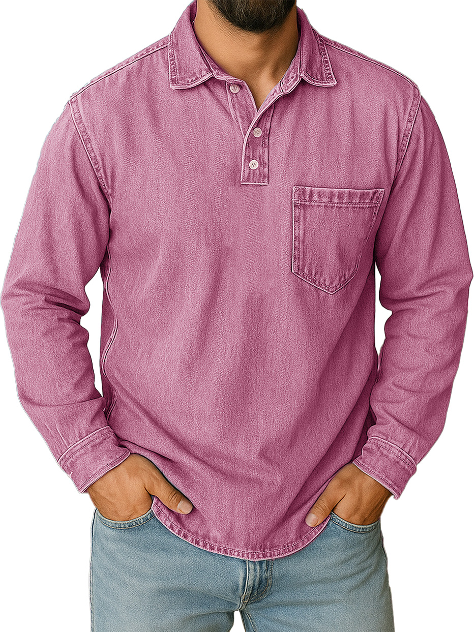 Men's Stylish Vintage Distressed Pocket Lapel Long-sleeved Polo Shirt