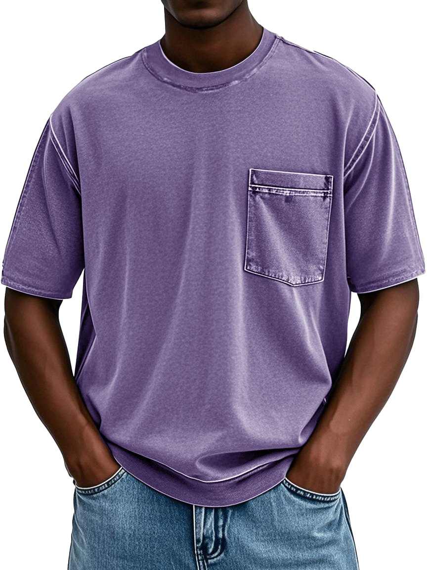 Men's Fashion Retro Distressed Round Neck Pocket Short-sleeved T-shirt
