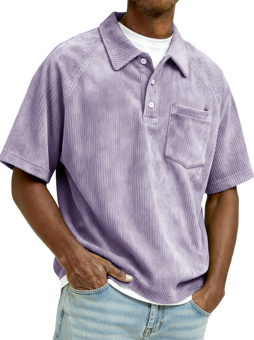 Men's Retro Raglan Corduroy Loose Pocket Short-Sleeve Polo Shirt