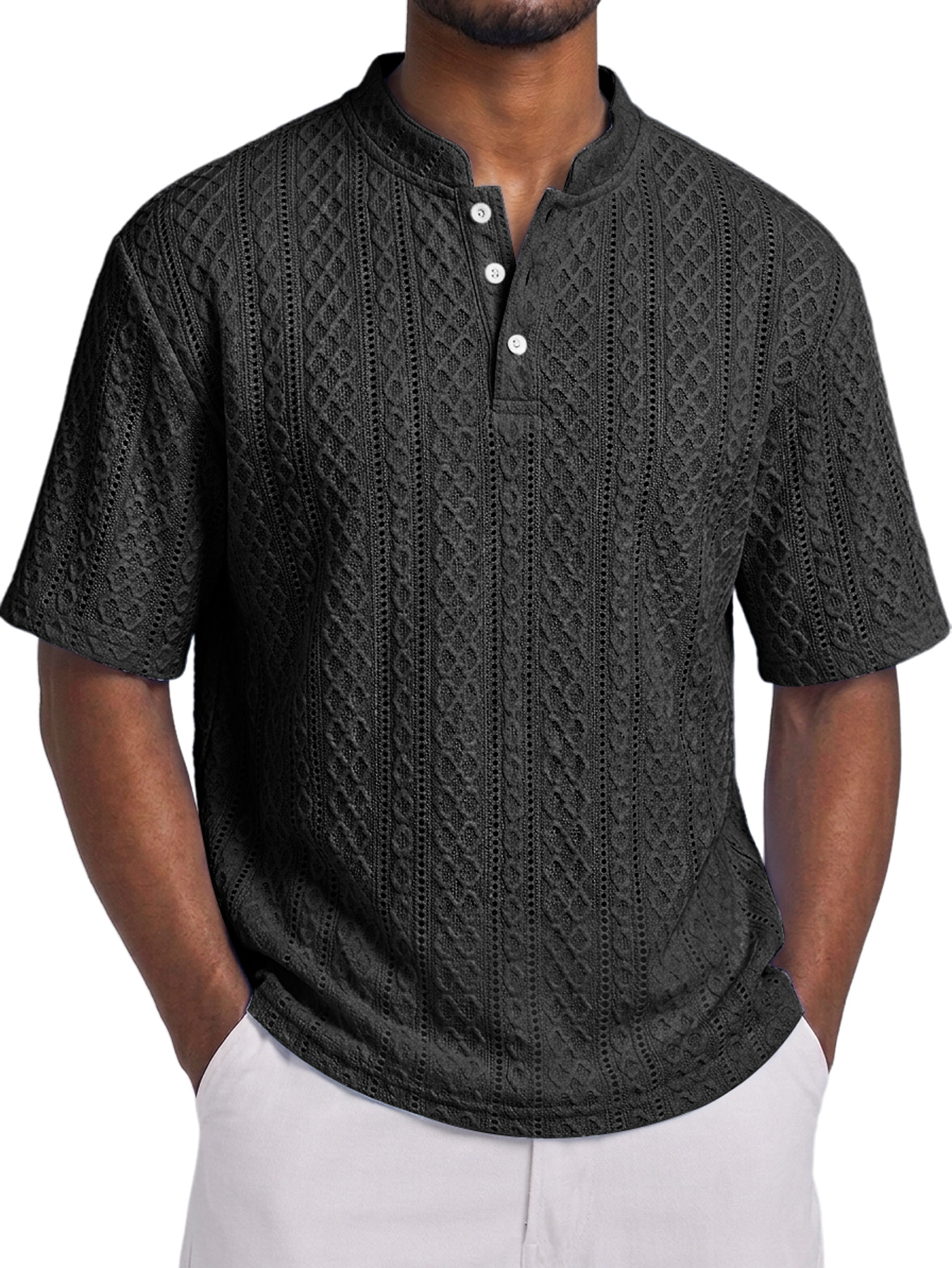 Men's Short-Sleeve Henley Shirt with Stand Collar, Button Placket, and Textured Jacquard Finish