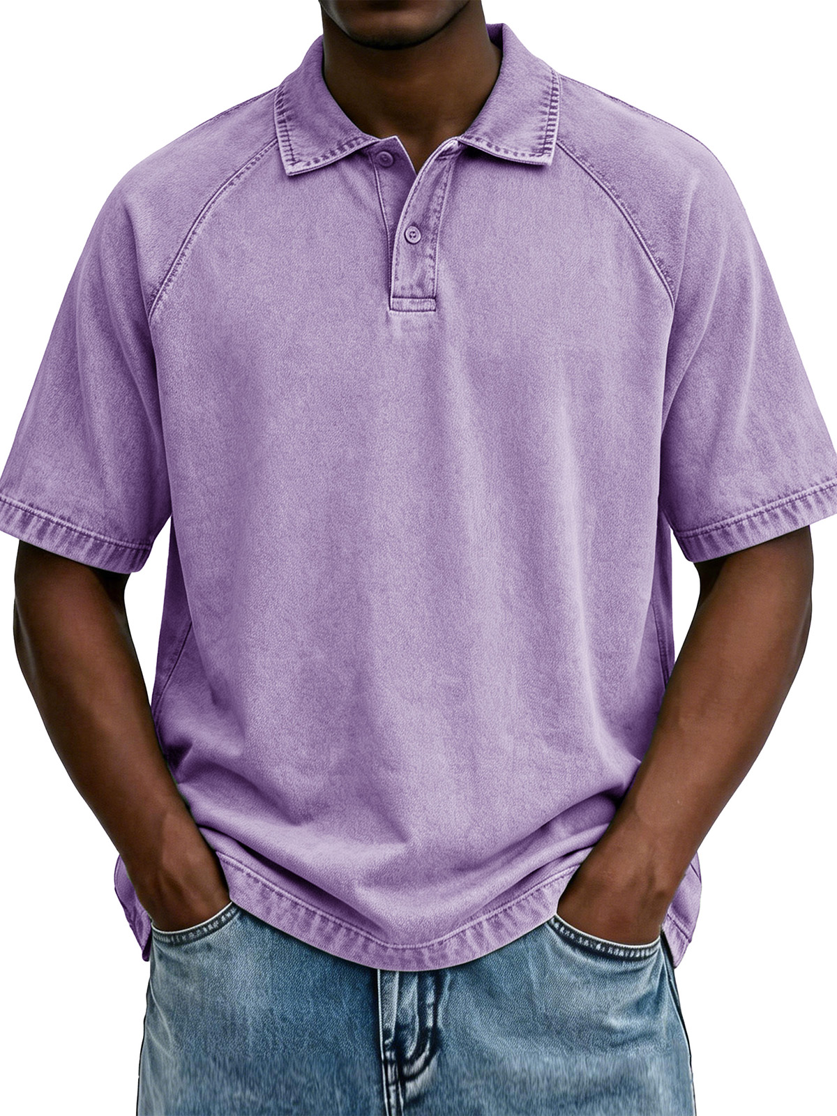 Men's Fashionable Raglan Distressed Collared Loose Short-Sleeve Polo Shirt