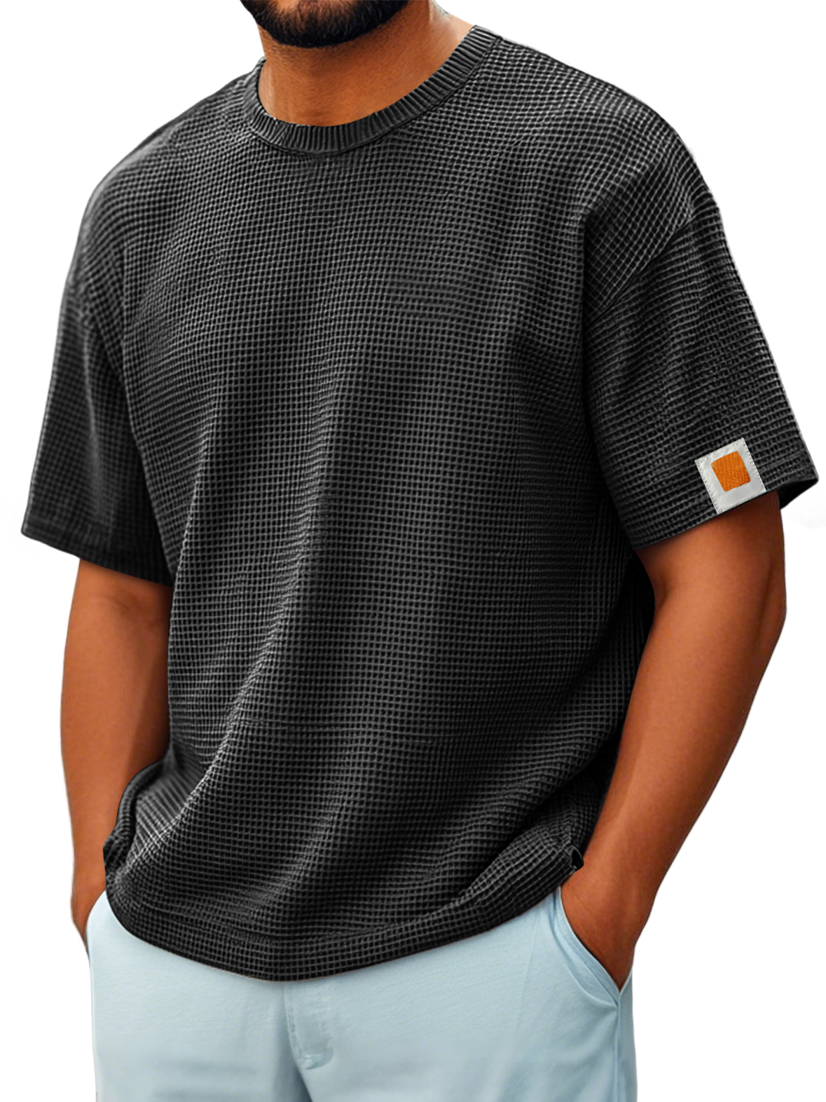 Men's Vintage Crew Neck Waffle Embroidered Logo Comfort Short Sleeve T-Shirt