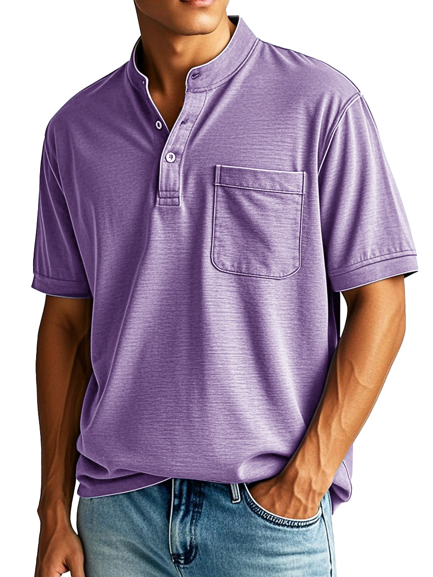 Men's Fashion Casual Stand-up Collar Pocket Short-sleeved Henley Shirt