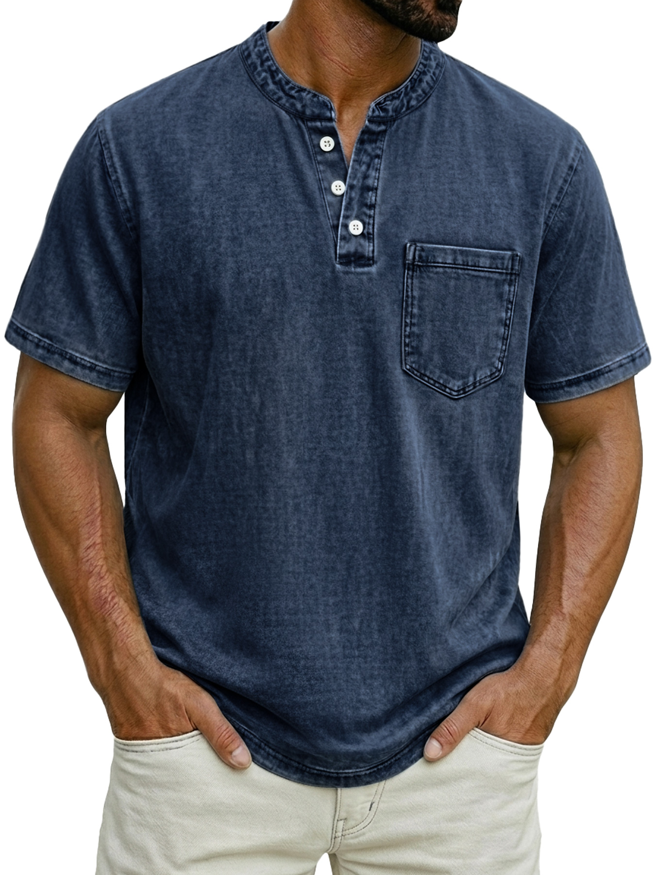 Men's Casual Retro Stand Collar Button-Down Short Sleeve Henley Shirt