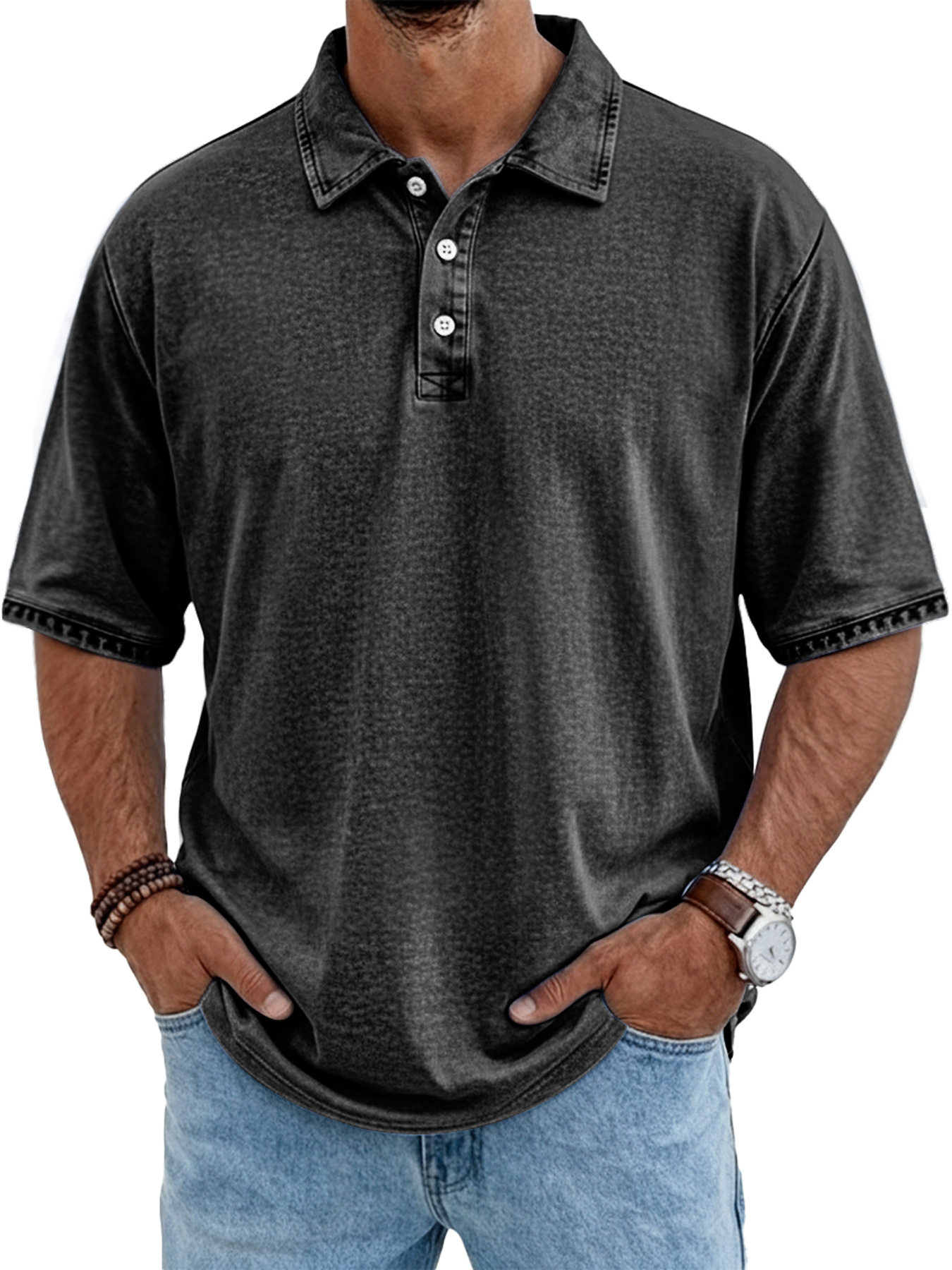 Men's Casual Retro Collar Button-Down Short-Sleeve Polo Shirt