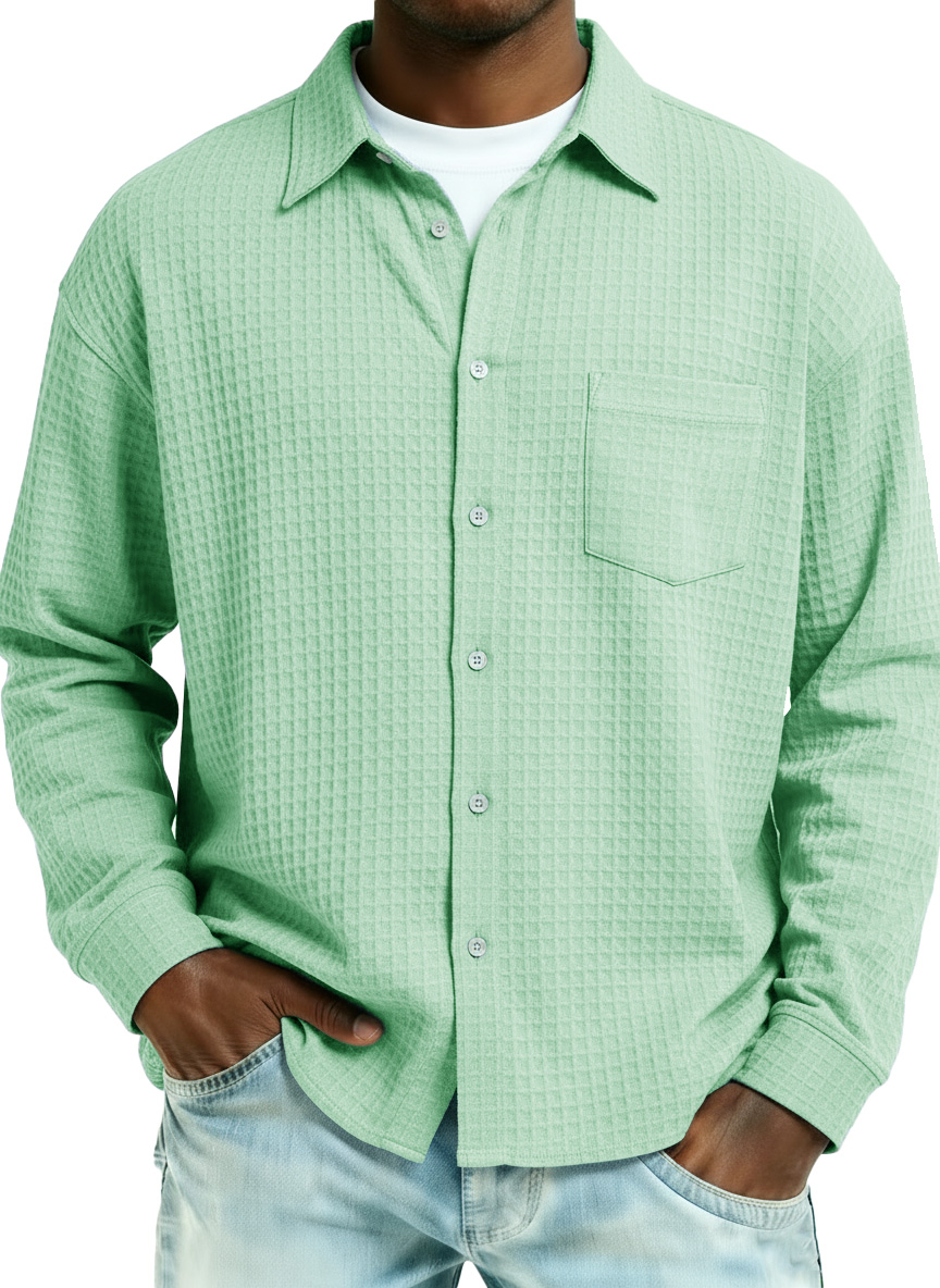 Men's Fashionable Retro Large Waffle Fabric Pocket Long-Sleeved Collared Shirt