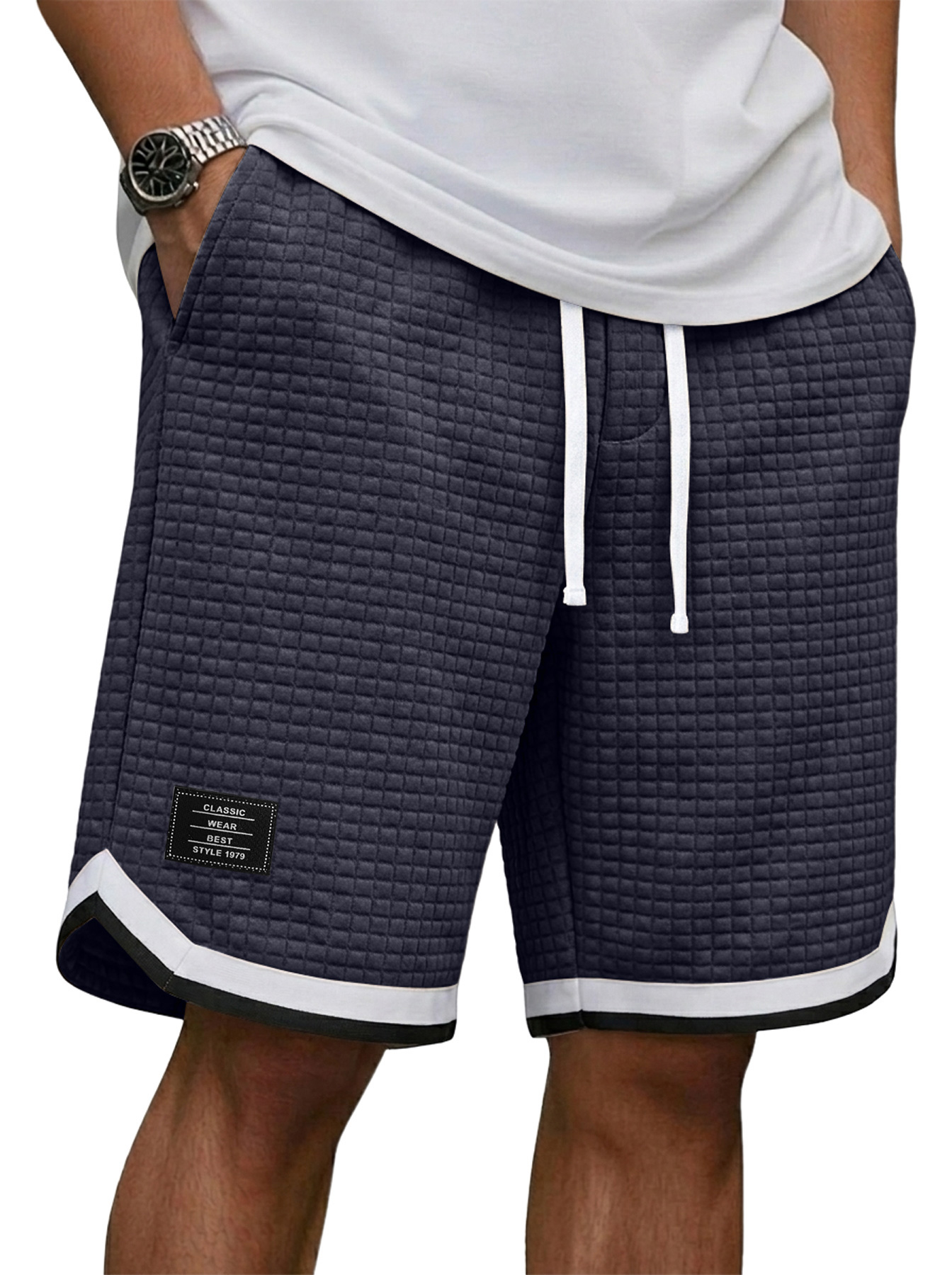 Men's Casual Waffle Knit Embroidered Logo Patchwork Webbing Loose Shorts