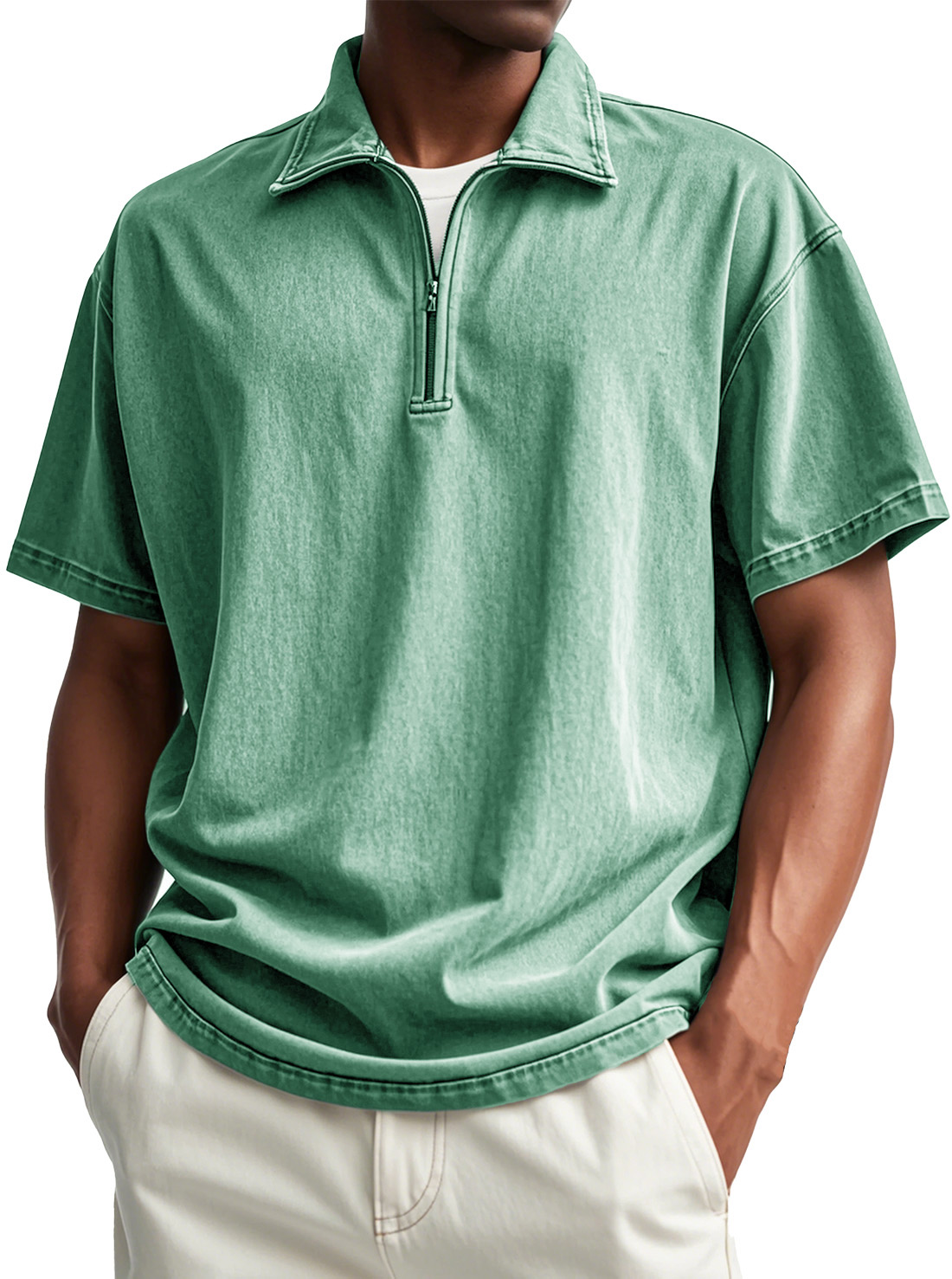 Men's Fashion Retro Distressed Short Sleeve Stand Collar Zip Polo Shirt