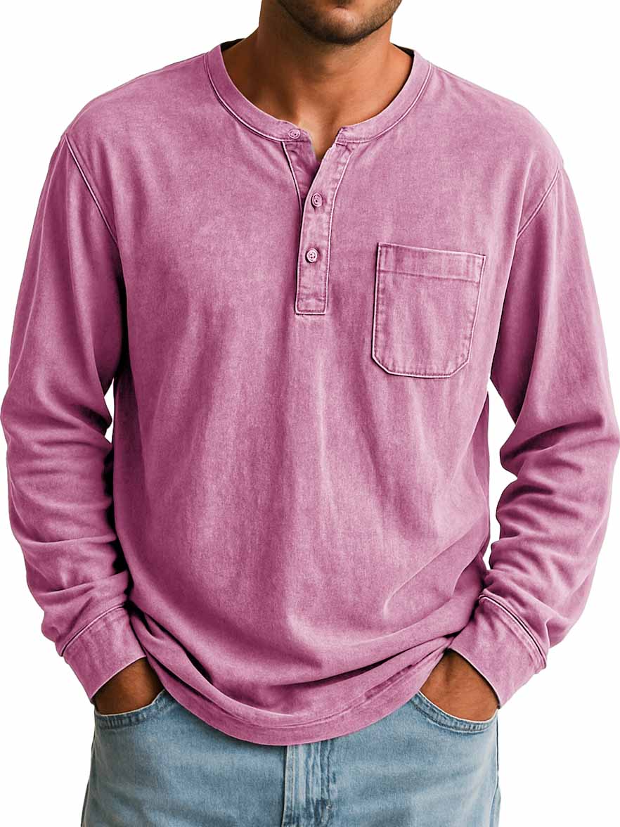 Men's Stylish Retro Outdoor Distressed Pocket Stand Collar Long-sleeved Henley Shirt