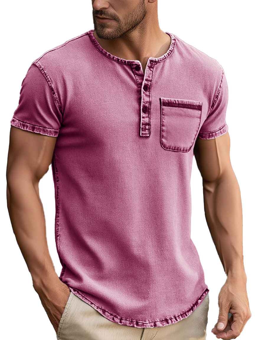 Men's Fashion Daily Distressed Fabric Pocket Short-sleeved Henley Shirt