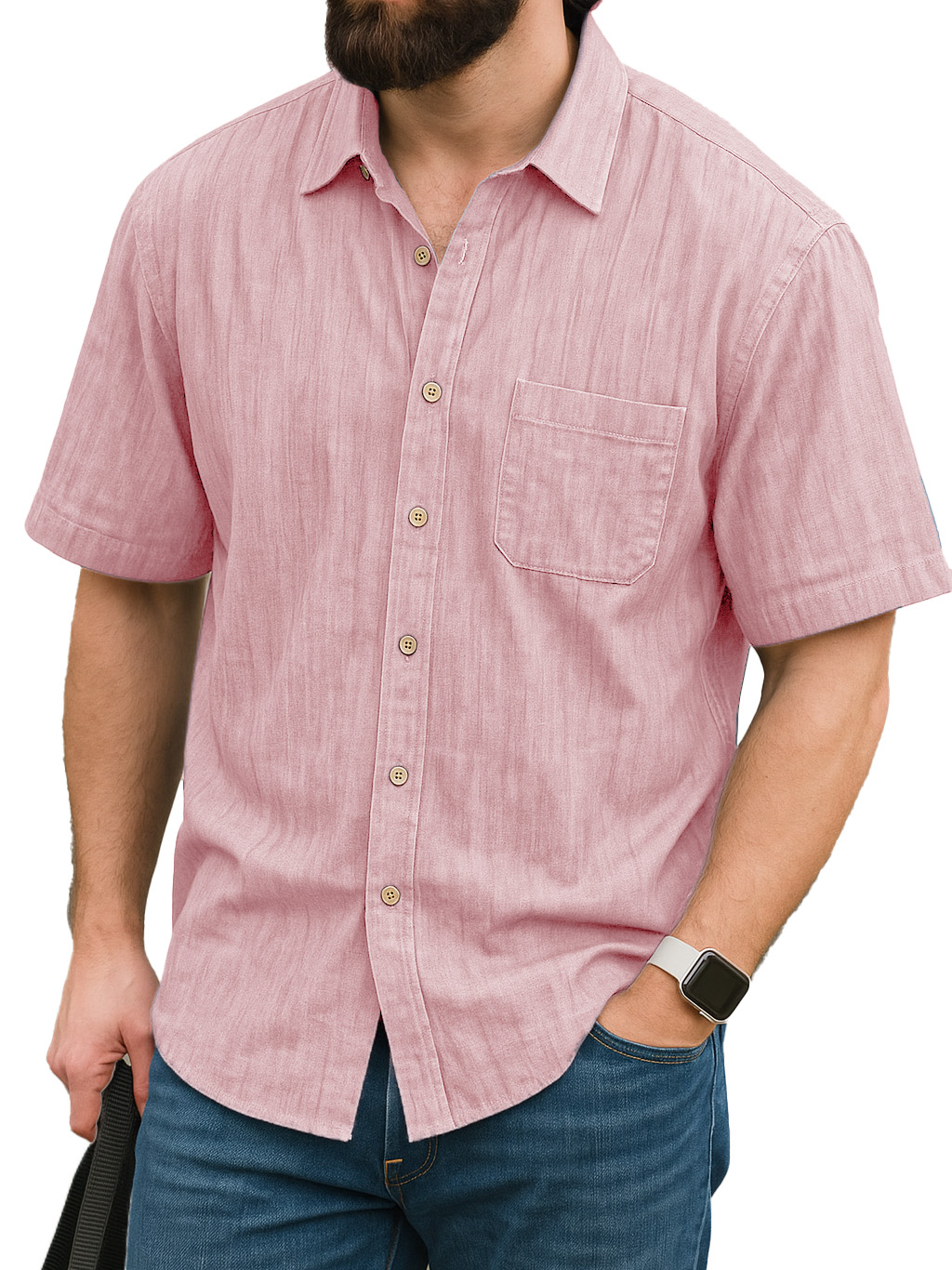 Men's Fashion Daily Linen Fabric Pocket Short-sleeved Lapel Shirt
