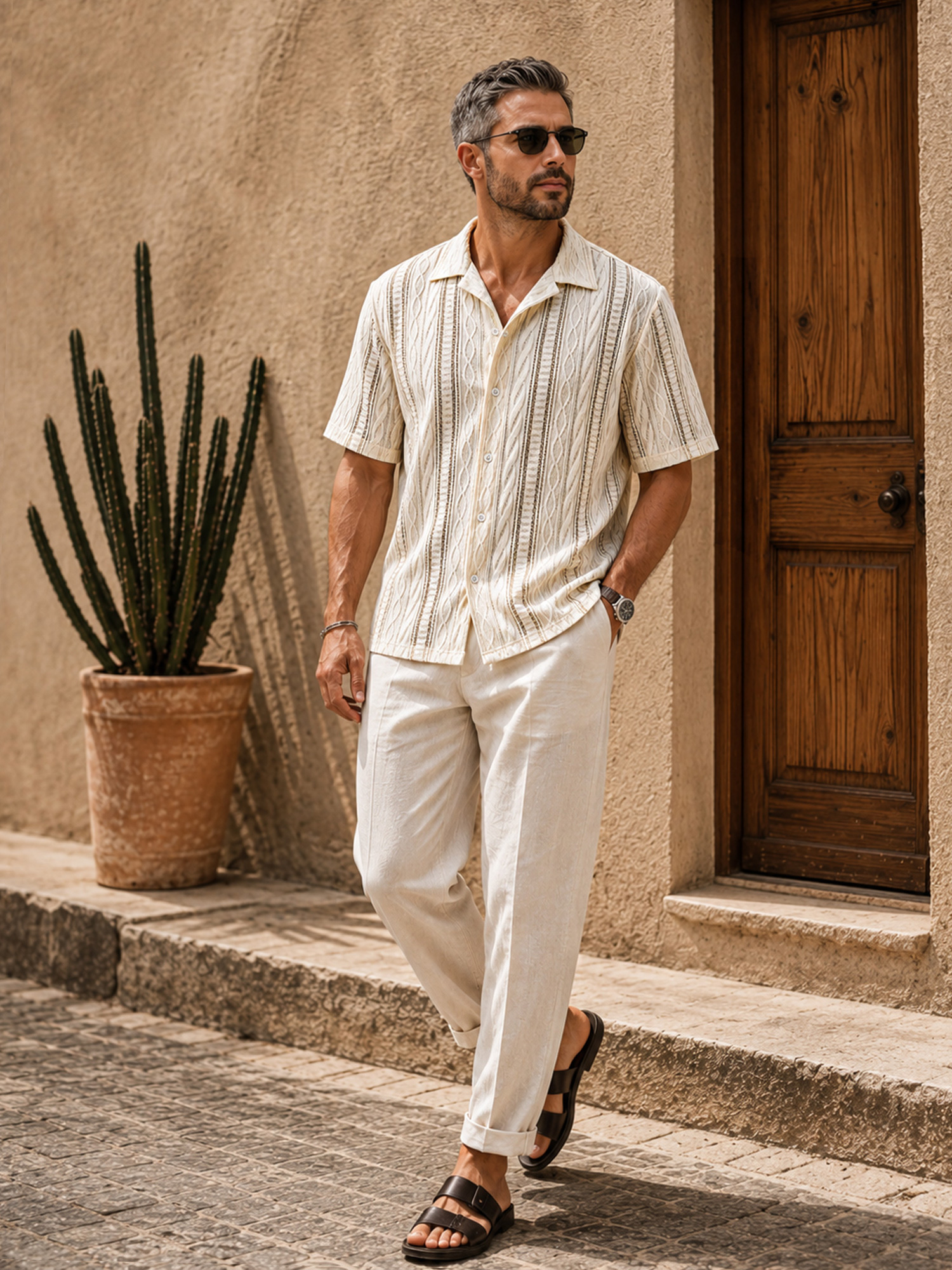 Men's Textured Casual Solid-Color Comfortable Short-Sleeve Shirt