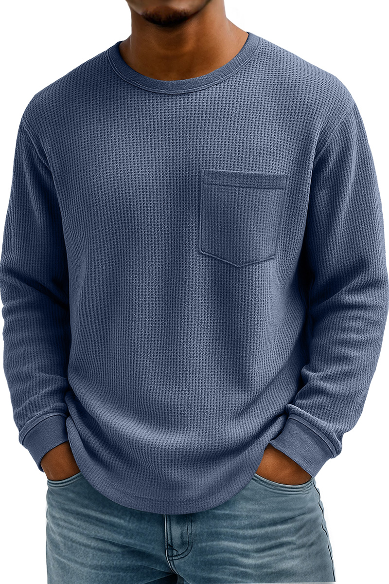 Men's Waffle Casual Crew Neck Pocket Long Sleeve T-Shirt