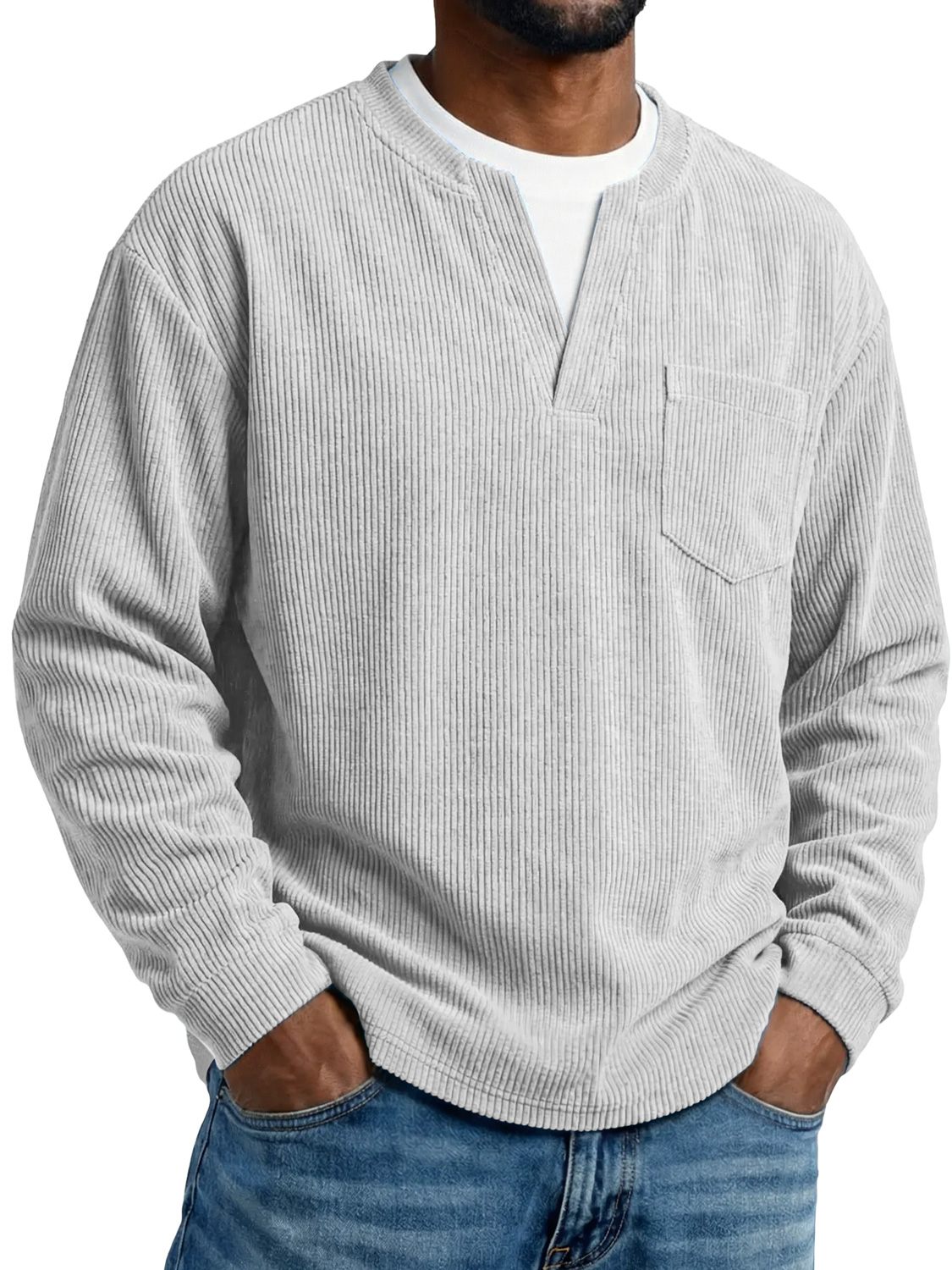 Men's Everyday Corduroy Faux Two-piece Casual Pocket Long-sleeved T-shirt