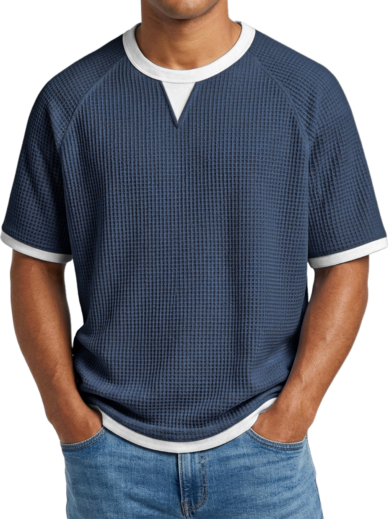 Men's Waffle Casual Color Block Comfortable Crew Neck Short Sleeve T-shirt