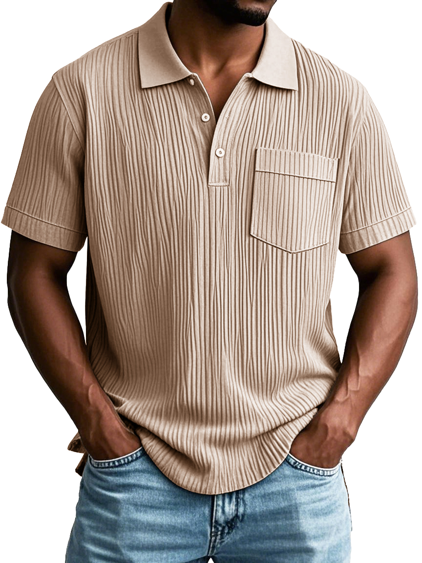 Men's Fashion Casual Striped Fabric Pocket Short Sleeve Lapel Polo Shirt