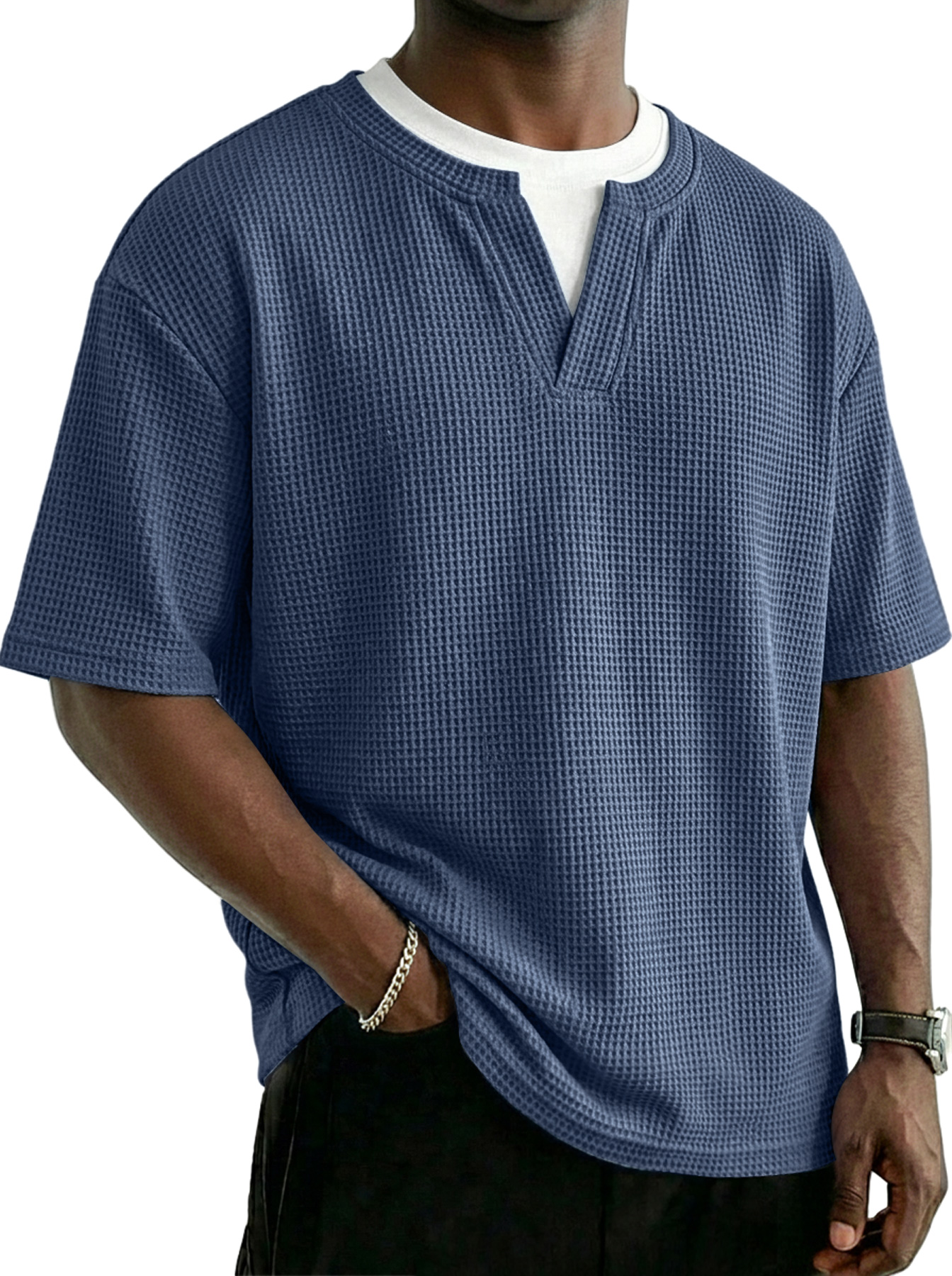 Men's Waffle-knit Faux Two-piece Casual Solid Color Short-sleeved T-shirt
