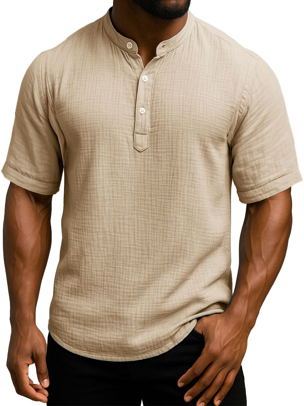 Men's Daily Casual Wrinkled Fabric Wide Short Sleeve Henley Shirt