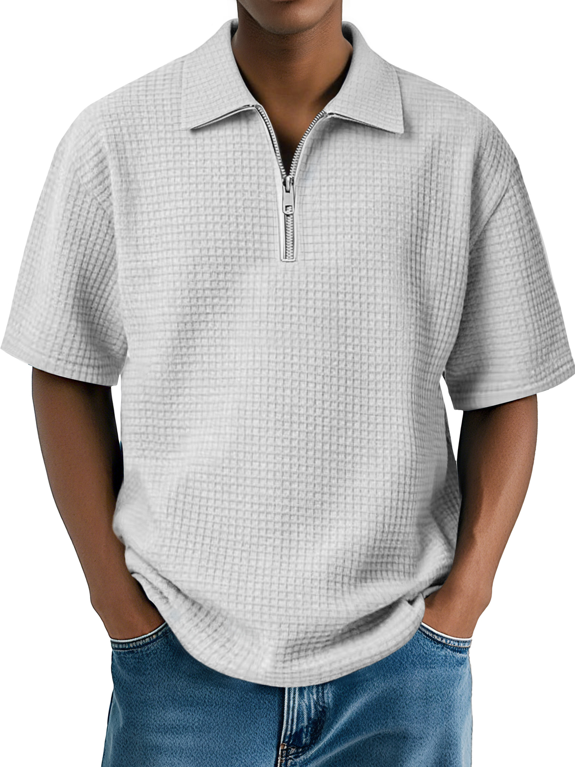 Men's Daily Waffle Lapel Zipper Casual Comfort Short Sleeve POLO Shirt