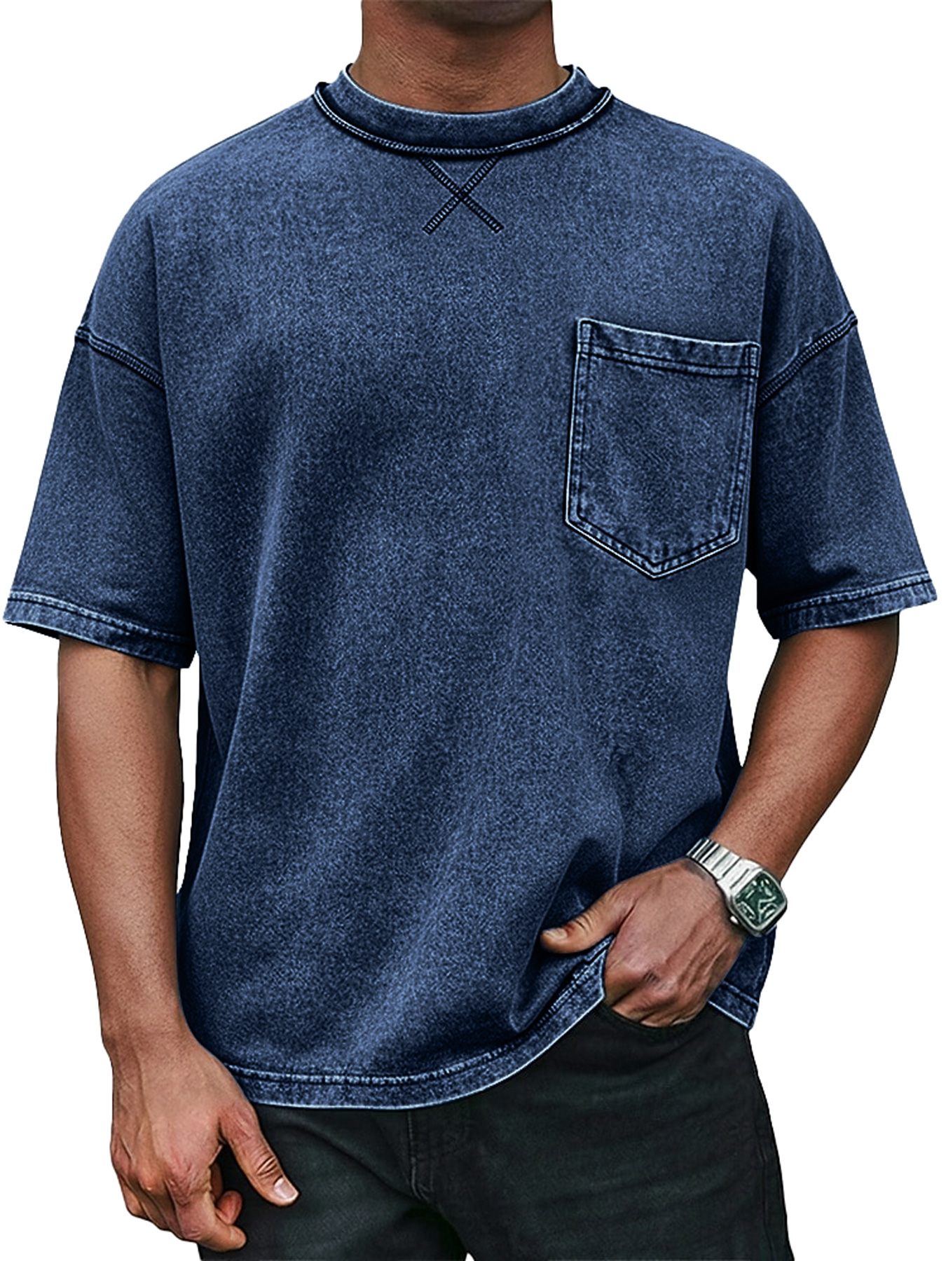 Men's Retro Crew Neck Crossover Design Casual Pocket Short-Sleeve T-Shirt