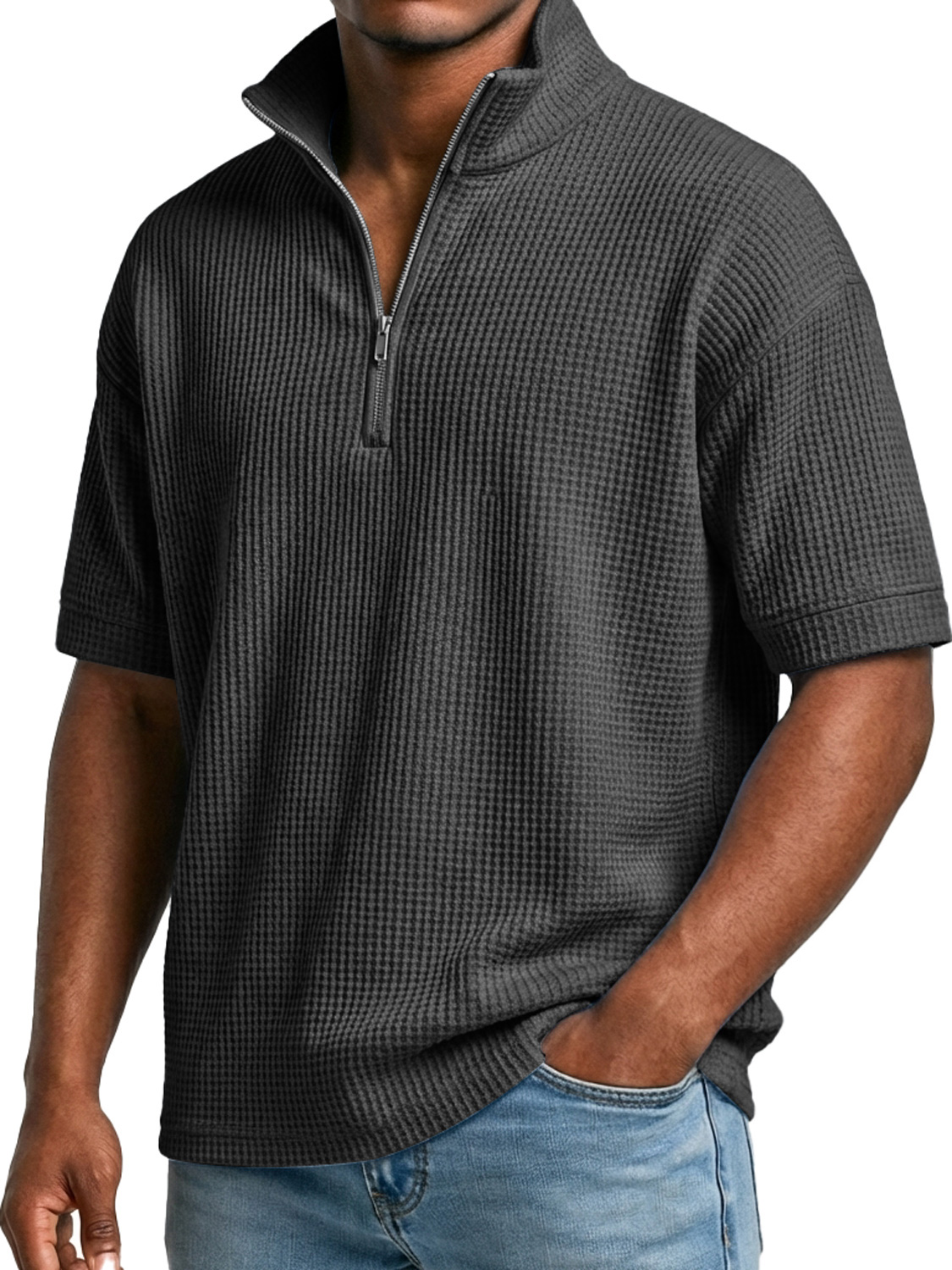 Men's Waffle-knit Simple Stand-collar Zip-up Casual Short-sleeved T-shir
