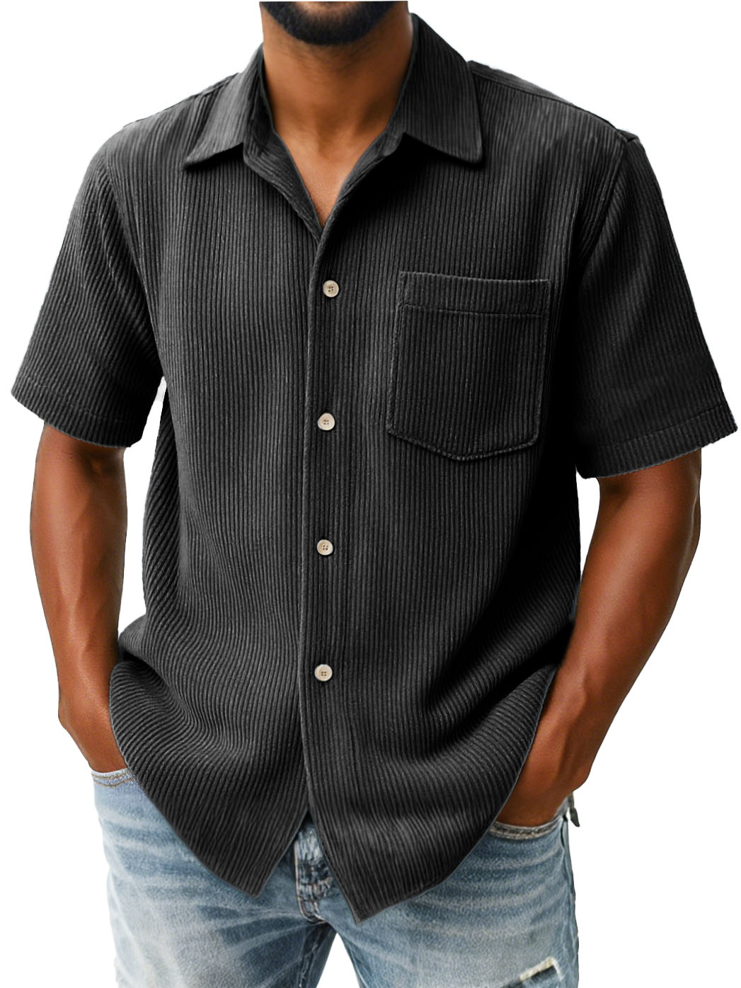Men's Fashion Casual Ribbed Fabric Pocket Short-Sleeved Lapel Shirt